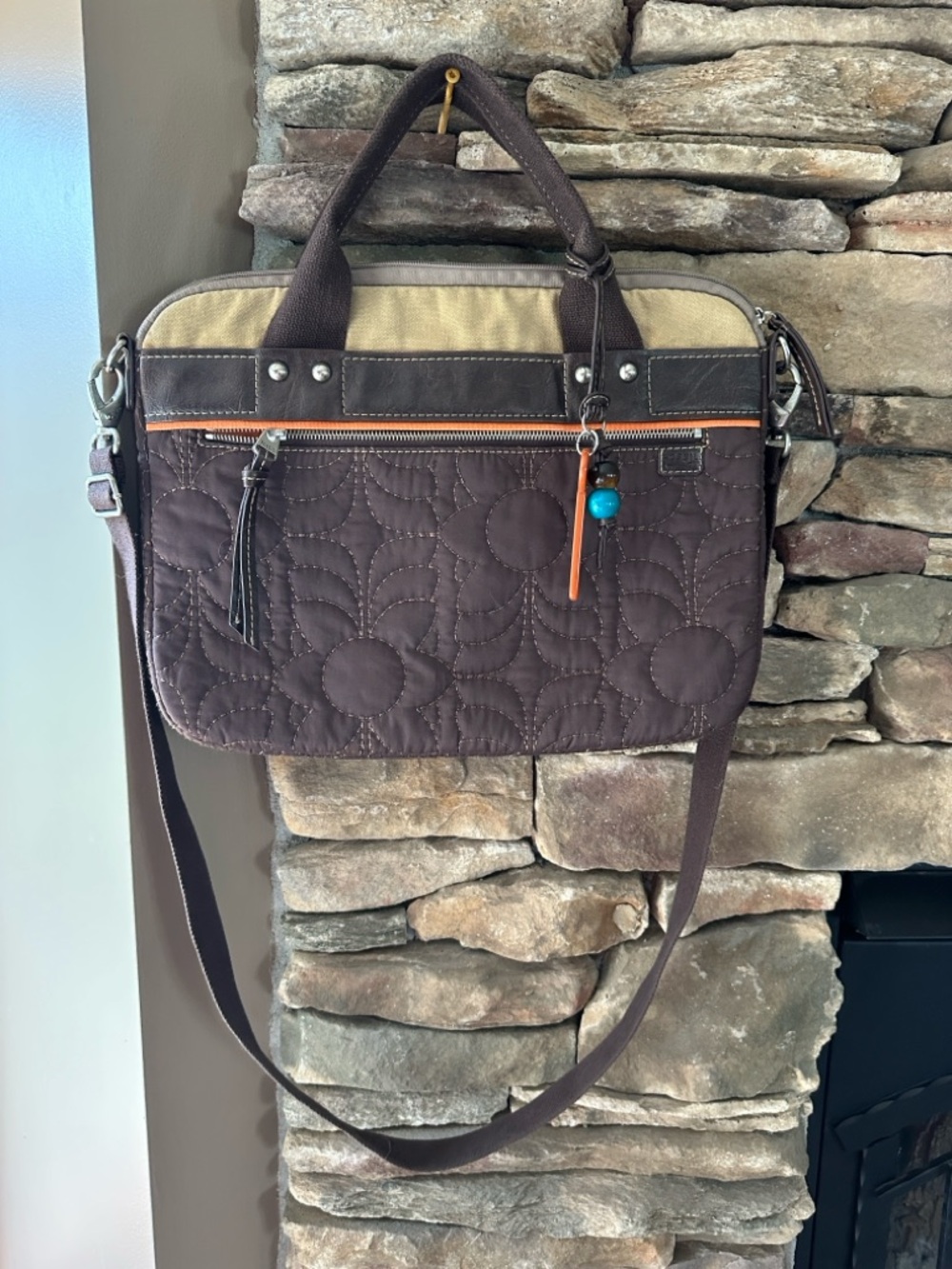 Fossil Quilted Chocolate Brown Laptop Tote with Orange & Tan Accents